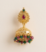 gold-plated traditional Indian jhumka earrings featuring ruby- red and emerald-green kemp stones with dangling bead accents. - Image 4