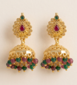 gold-plated traditional Indian jhumka earrings featuring ruby- red and emerald-green kemp stones with dangling bead accents. - Image 3