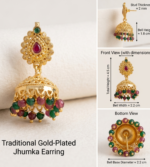 gold-plated traditional Indian jhumka earrings featuring ruby- red and emerald-green kemp stones with dangling bead accents. - Image 2
