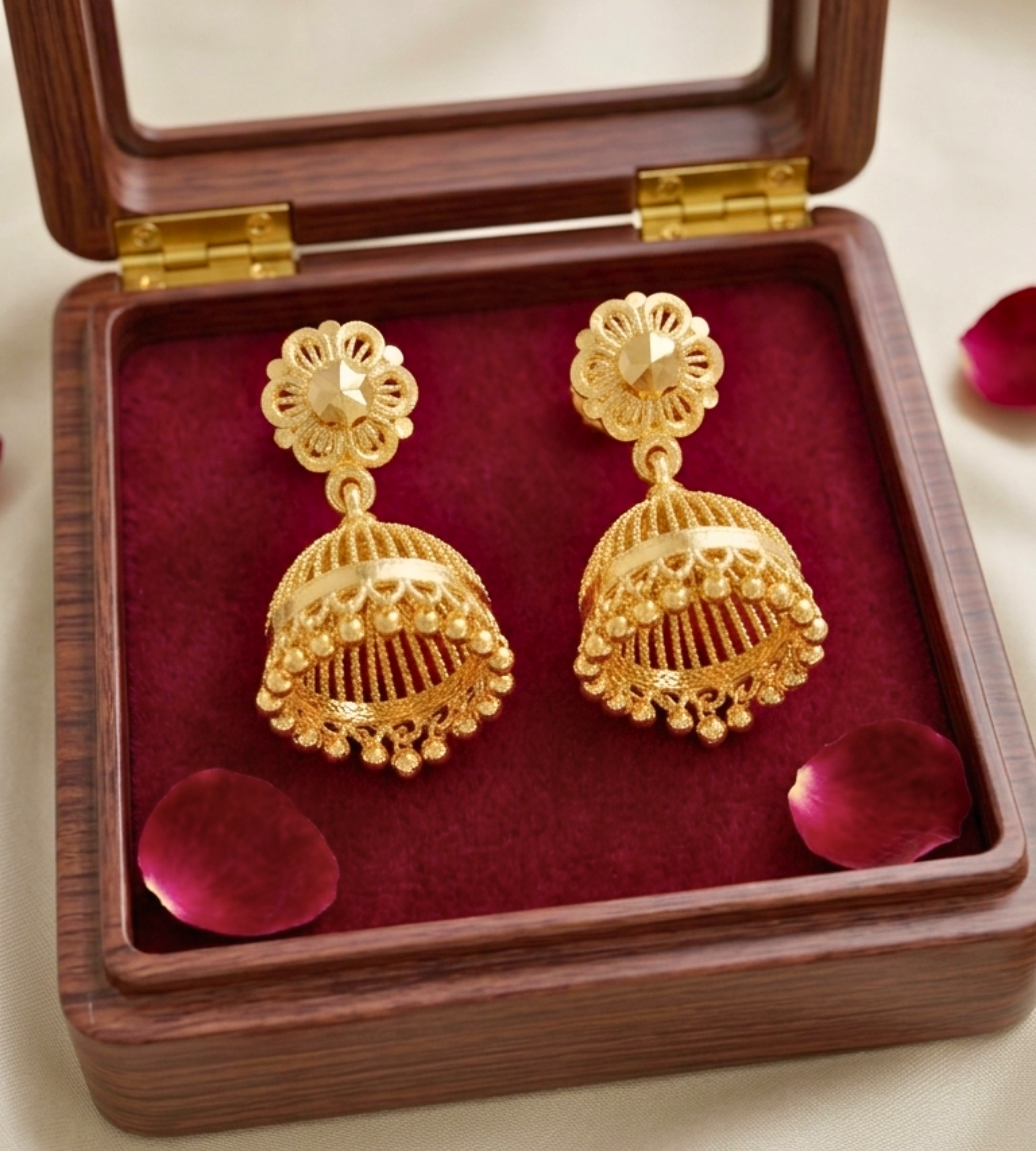 2026/09/1000357925.png gold jhumka earrings featuring a floral stud top and a bell- shaped hanging dome with delicate bead detailing. - Image 1