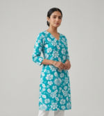 teal knee-length straight-fit kurta featuring a V-neckline, three-quarter sleeves, and a white botanical floral print.