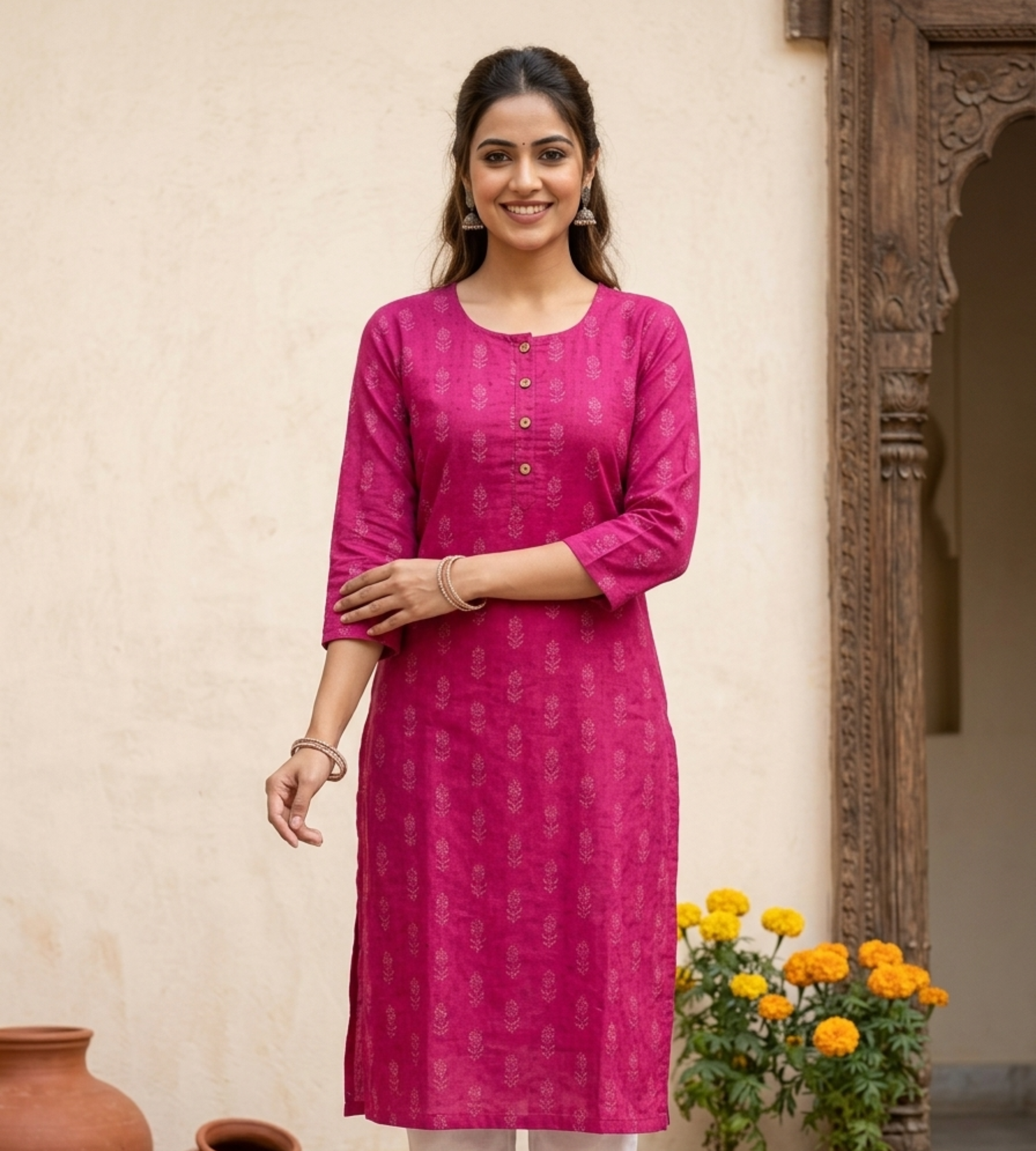 2026/09/1000361658.png printed straight-cut kurta with three-quarter sleeves - Image 1