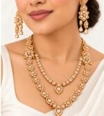 Gold moissanite polki necklace set with floral motifs and teardrop earrings. - Image 2