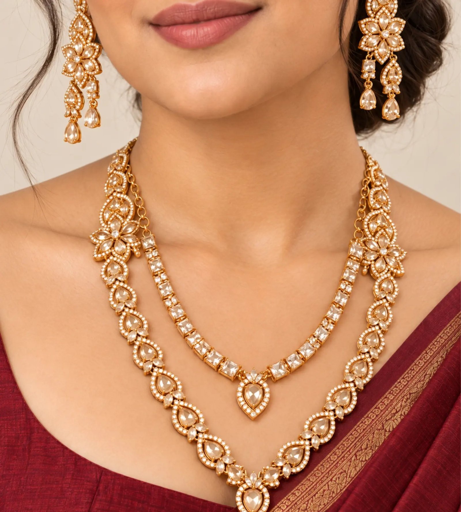2026/10/1000370802.jpg Gold moissanite polki necklace set with floral motifs and teardrop earrings. - Image 1
