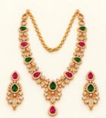 Gold Plated necklace set with alternating green and ruby-pink teardrop stones, white crystal accents, and matching drop earrings - Image 2