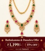 Gold Plated necklace set with alternating green and ruby-pink teardrop stones, white crystal accents, and matching drop earrings - Image 7