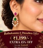 Gold Plated necklace set with alternating green and ruby-pink teardrop stones, white crystal accents, and matching drop earrings - Image 6