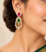 Gold Plated necklace set with alternating green and ruby-pink teardrop stones, white crystal accents, and matching drop earrings - Image 4