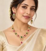 Gold Plated necklace set with alternating green and ruby-pink teardrop stones, white crystal accents, and matching drop earrings - Image 5