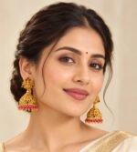 Gold Lakshmi jhumka earrings with ruby stones and pink beads. - Image 2