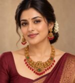 Temple Jewellery Set featuring Goddess Lakshmi with red and green
stones. - Image 2