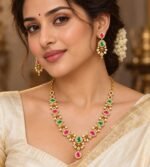 Gold-Plated necklace with alternating ruby-pink and emerald-green teardrop stones and pearl drops. - Image 2