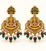 Lakshmi motif temple jewelry haram set with matching green and red beaded drop earrings - Image 2