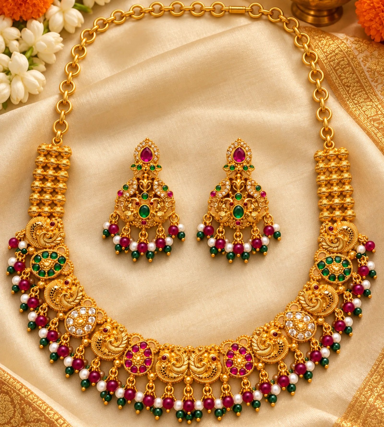 2026/10/1000371413.jpg Jewelry set with peacock and floral motifs and green and pink stones - Image 1