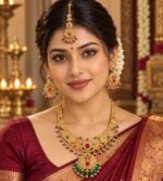 Jewelry set with Necklace, Earrings and forehead Pendant. ruby and emerald stones, and pearl drops. - Image 2