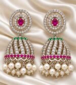 Elegant silver-toned CZ Jhumkas with ruby, emerald, and pearl accents. - Image 2