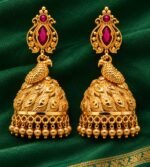 Jhumka earrings featuring intricate peacock motifs and ruby-colored stone accents - Image 2
