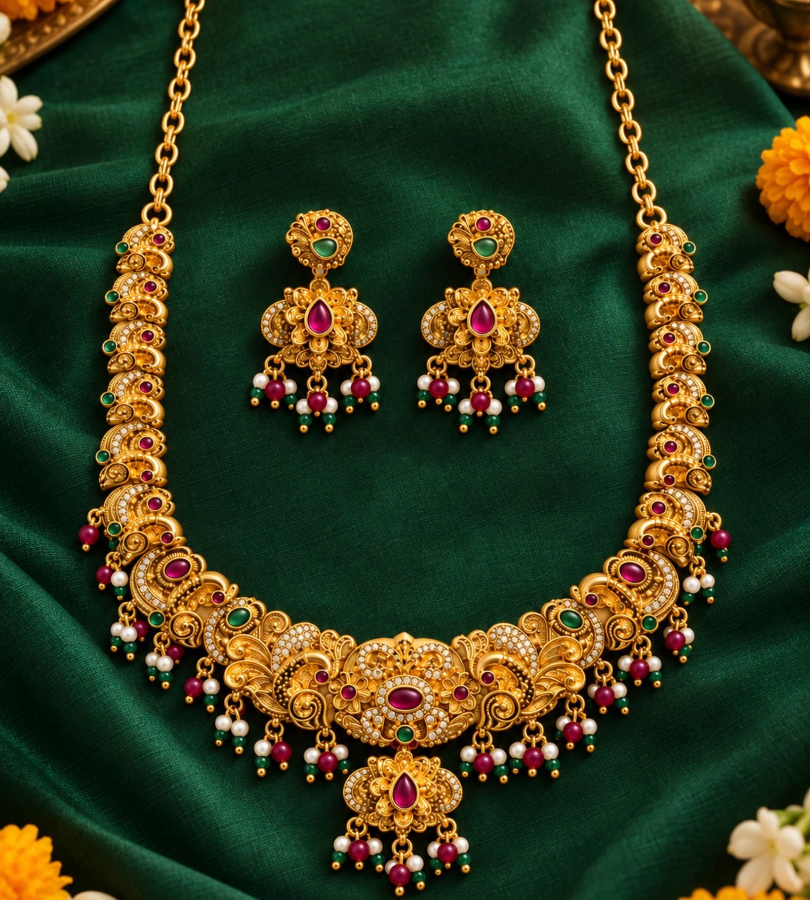 2026/10/1000373571.jpg Gold-plated jewelry set with Lakshmi motif necklace, matching earrings - Image 1
