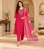Vibrant pink kurta set features a beautifully detailed embroidered yoke and a striking floral-print dupatta. - Image 2