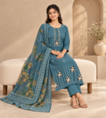 Teal blue embroidered three-piece kurta set with matching trousers and a floral tassel dupatta. - Image 2