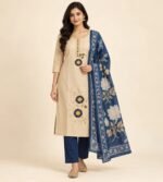 kurta set featuring floral embroidery and round decorative appliqués.