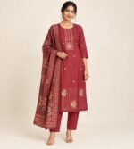 Maroon kurta set with floral hem embroidery and contrasting printed dupatta. - Image 2