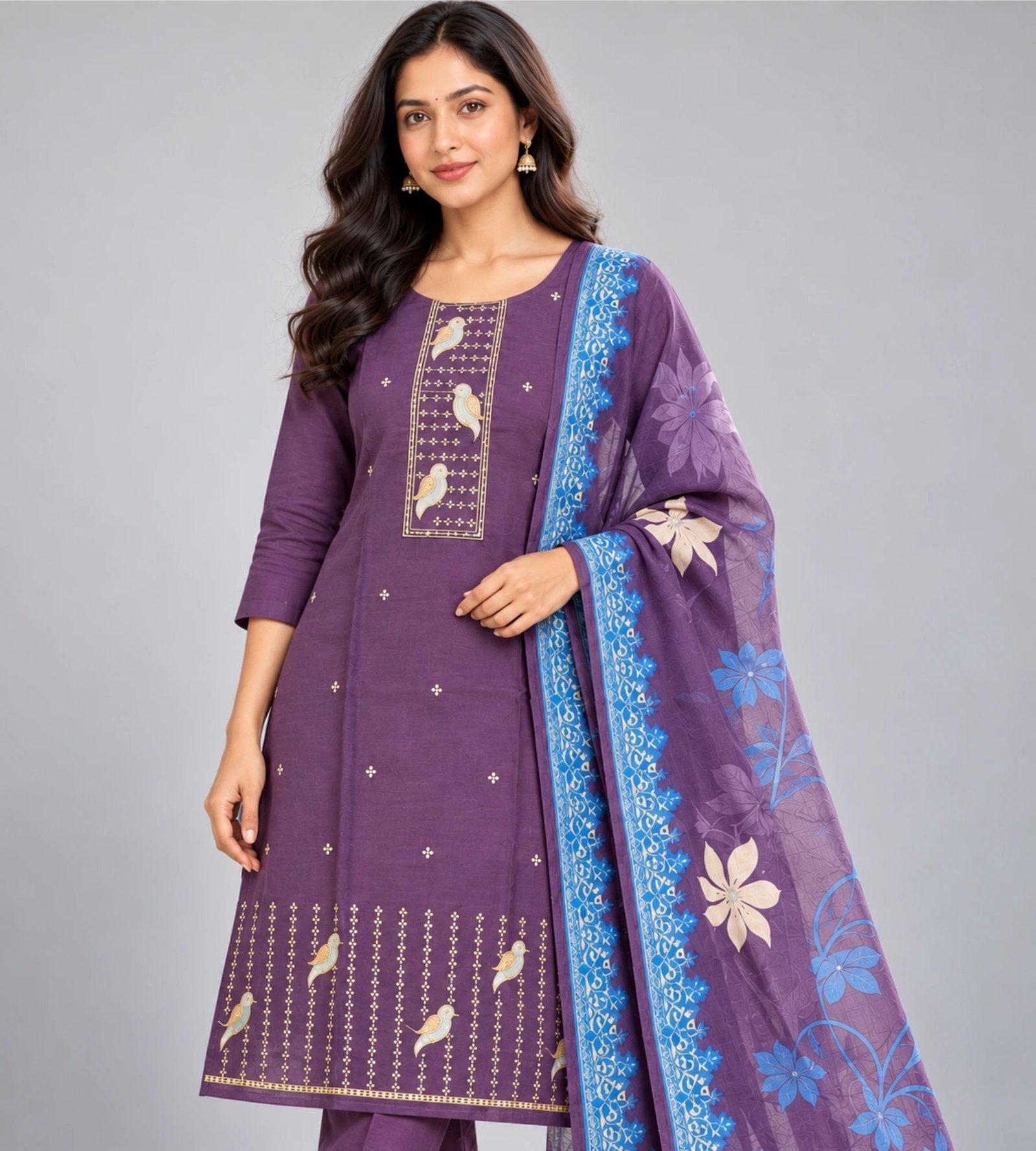 2026/10/1000373730.jpg Purple embroidered cotton kurta set - Image 1