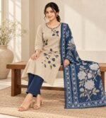 Navy floral 3 piece kurta set featuring an embroidered neckline and a contrasting printed dupatta - Image 3