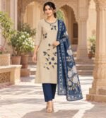 Navy floral 3 piece kurta set featuring an embroidered neckline and a contrasting printed dupatta - Image 2