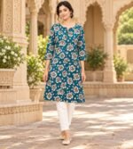 Teal floral-printed women's kurta - Image 2