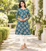 Teal floral-printed women's kurta - Image 3