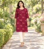 Maroon colored, knee length straight kurta - Image 2