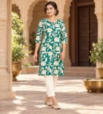 Green and beige floral print cotton kurta - Image 3