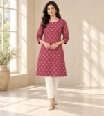 Magenta printed straight-fit cotton kurta - Image 2