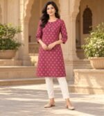 Magenta printed straight-fit cotton kurta - Image 3