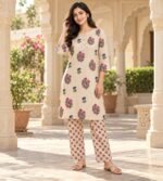 Beige floral printed cotton kurta and trousers set