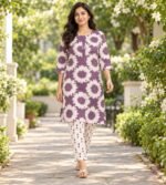 Purple floral-printed cotton 2 piece kurta set - Image 2