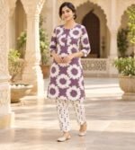 Purple floral-printed cotton 2 piece kurta set - Image 3