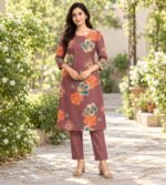 Mauve brown floral printed kurta and matching trouser set - Image 2