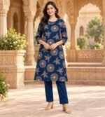 Blue floral print kurta and matching trouser - Image 2