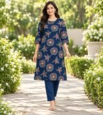 Blue floral print kurta and matching trouser - Image 3