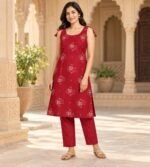 Maroon and gold-print sleeveless kurti and pant set with stichable hands