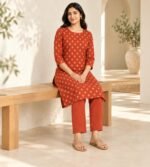 Rust orange straight kurta and matching trousers - Image 3