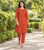 Rust orange straight kurta and matching trousers - Image 2