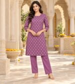 Purple geometric-print viscose rayon straight kurta and trouser set - Image 3