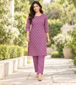 Purple geometric-print viscose rayon straight kurta and trouser set - Image 2