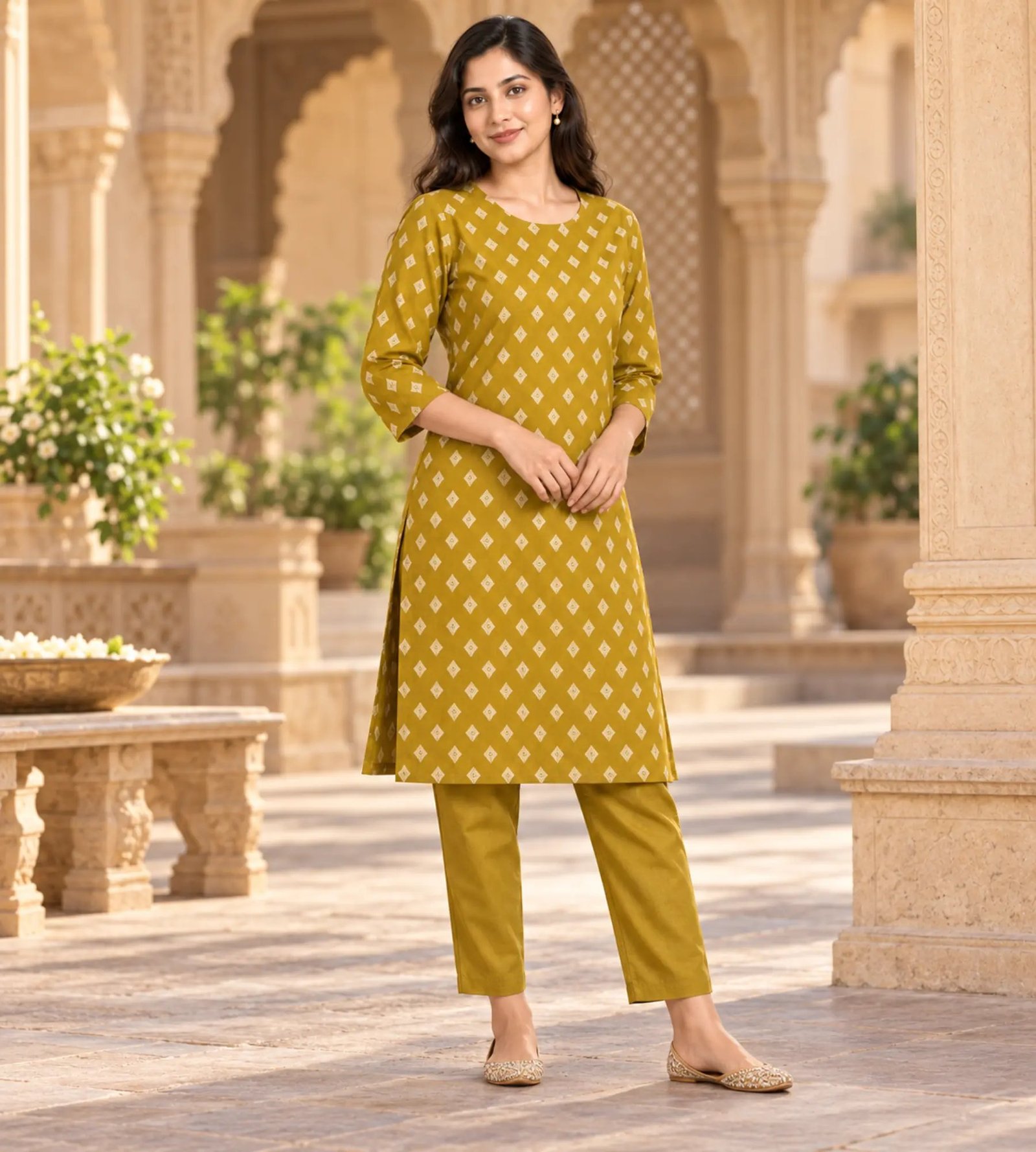 2026/10/1000378519.jpg Mustard yellow cotton ethnic Kurta 2 piece set - Image 1