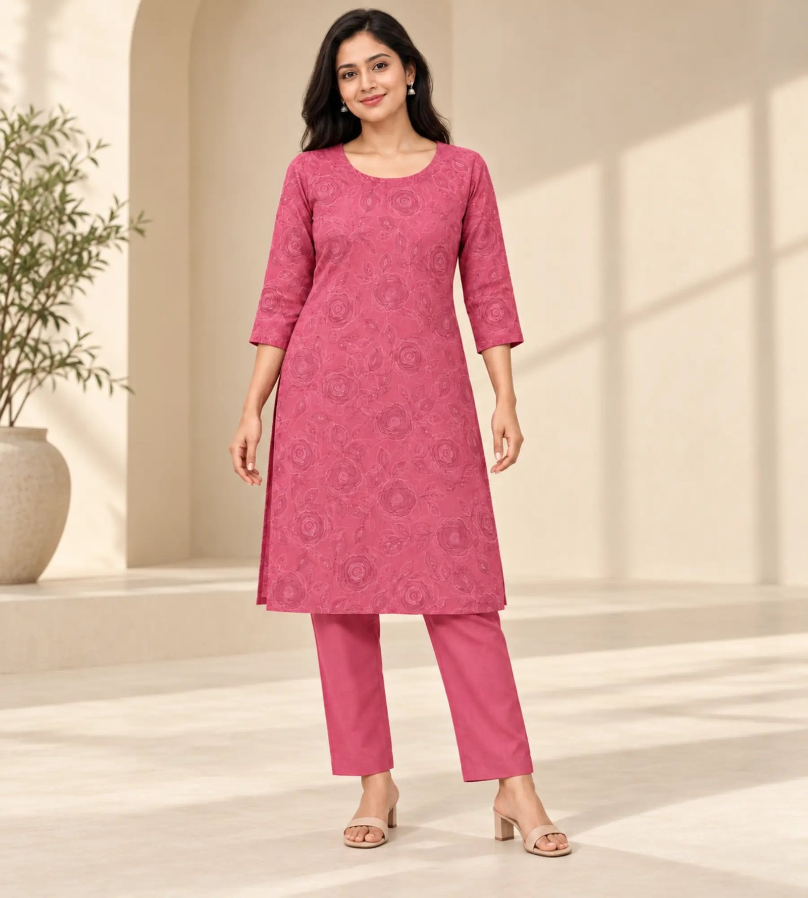 2026/10/1000378535.jpg Fuchsia pink floral printed round-neck kurta and straight fit trouser set - Image 1