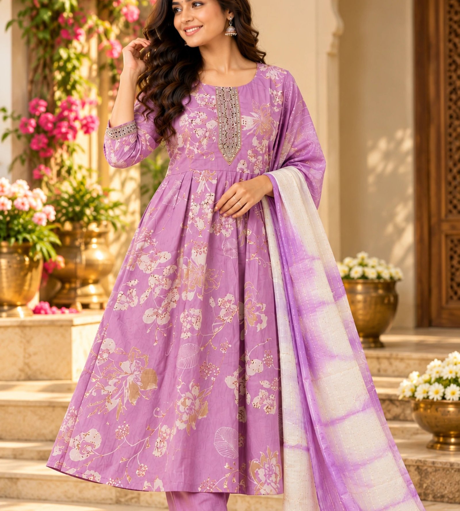 2026/10/1000385350.jpg lavender/purple floral printed Anarkali kurta set - Image 1