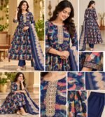 Navy blue floral printed Anarkali kurta set - Image 4